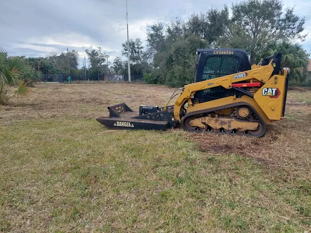 Skid steer brush hogging an overgrown lot